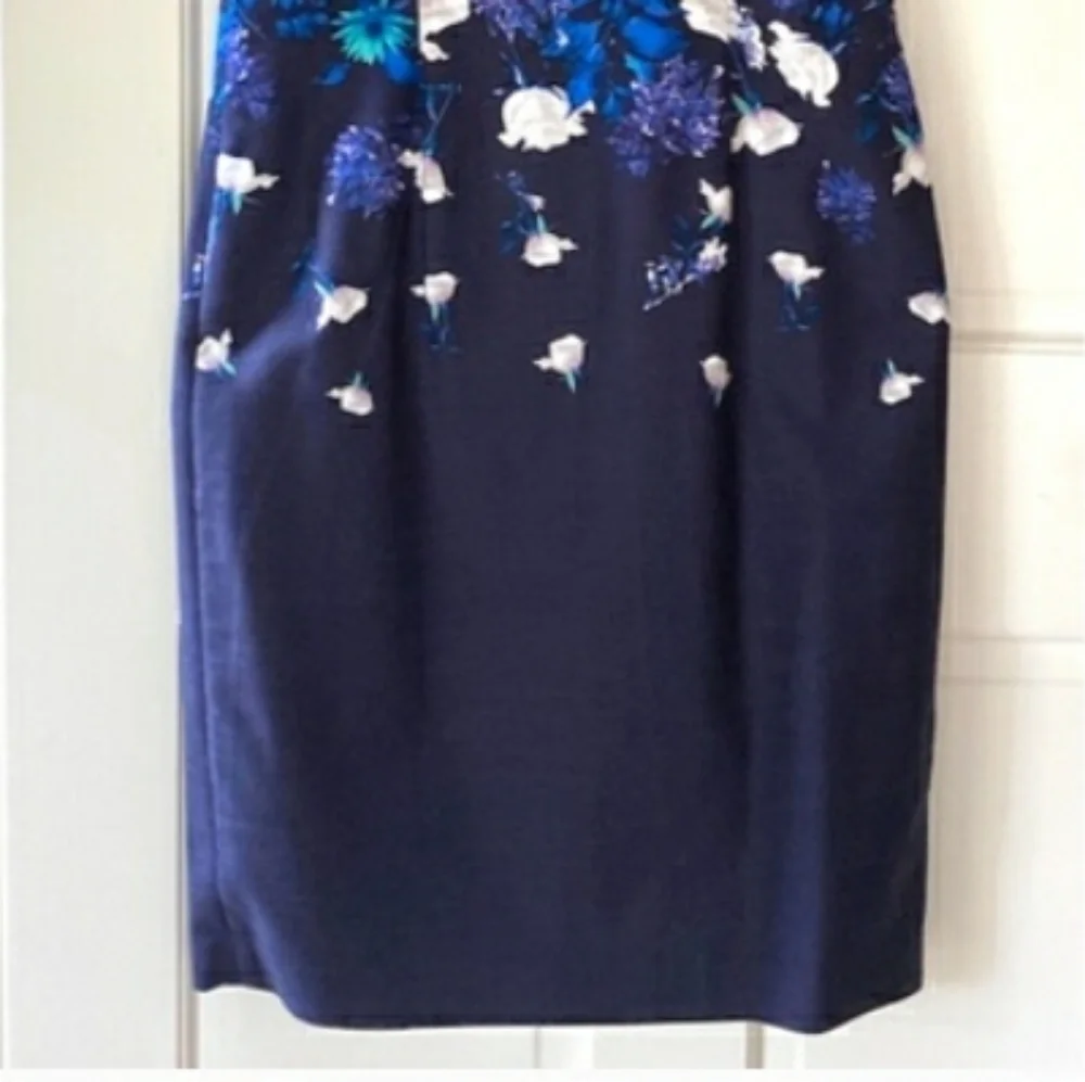 Talbots Dress Cotton Lined Floral Blue Back Zipper Short Sleeve Size 14